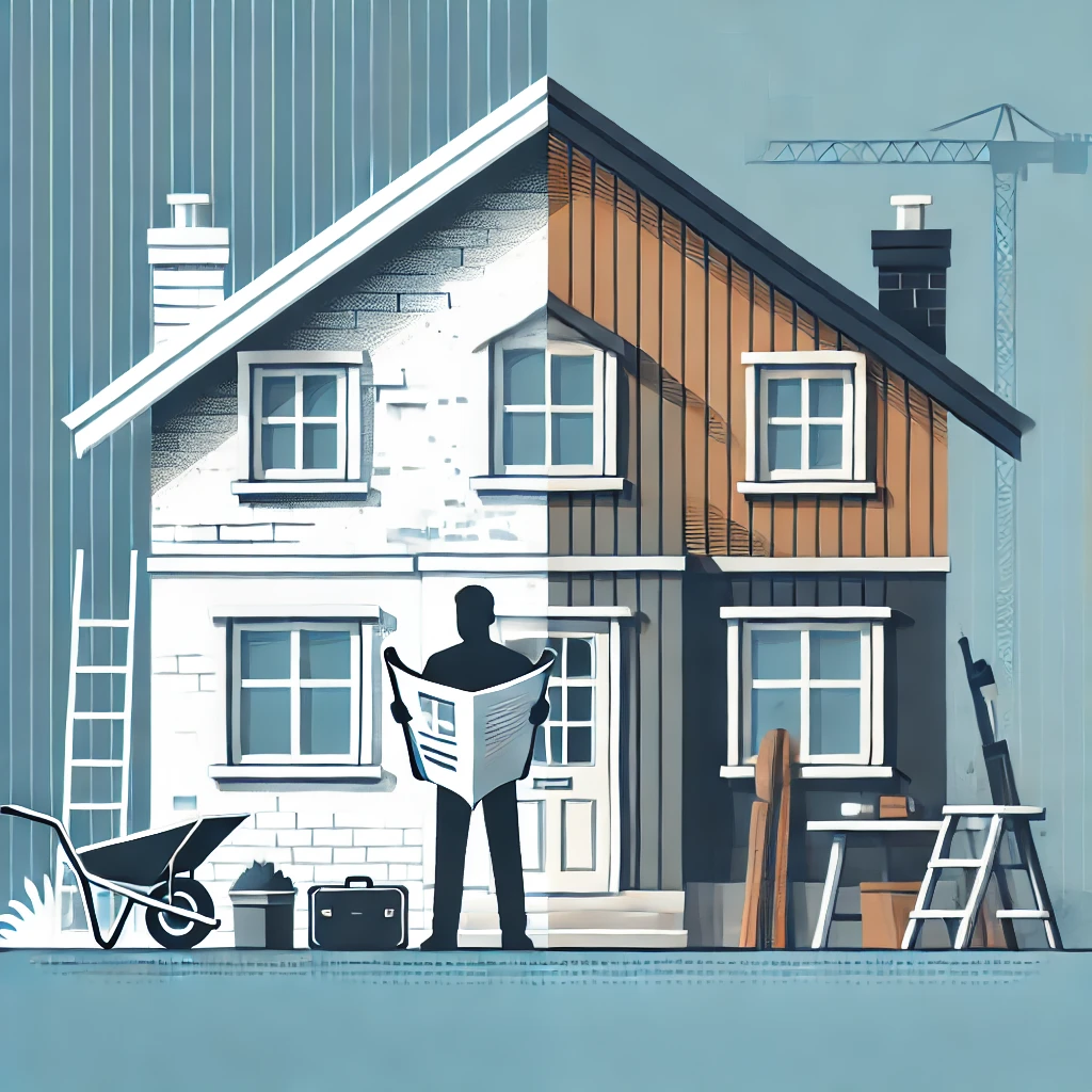 Hus under renovering med moderne facade på den ene side og ældre, slidt facade på den anden. Person holder byggeplaner, symboliserer vigtige love og regler ved husrenovering.