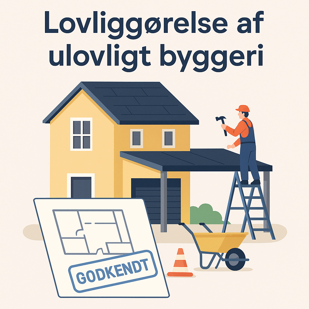 Illustration af hus med carport under opførelse, tegning med stempel "Godkendt" og teksten Lovliggørelse af ulovligt byggeri