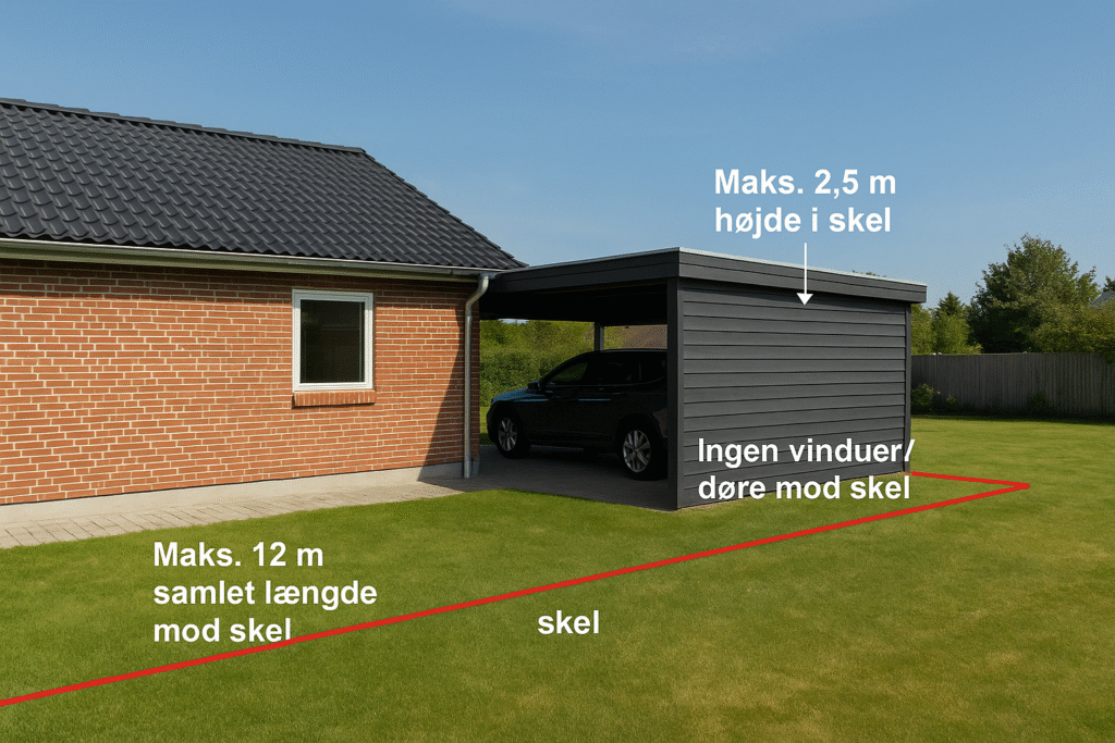 Parcelhus med carport bygget i skel – illustreret med regler om maks. 2,5 m højde, maks. 12 m længde og ingen vinduer/døre mod skel ifølge BR18.