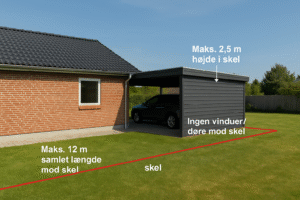 Parcelhus med carport bygget i skel – illustreret med regler om maks. 2,5 m højde, maks. 12 m længde og ingen vinduer/døre mod skel ifølge BR18.
