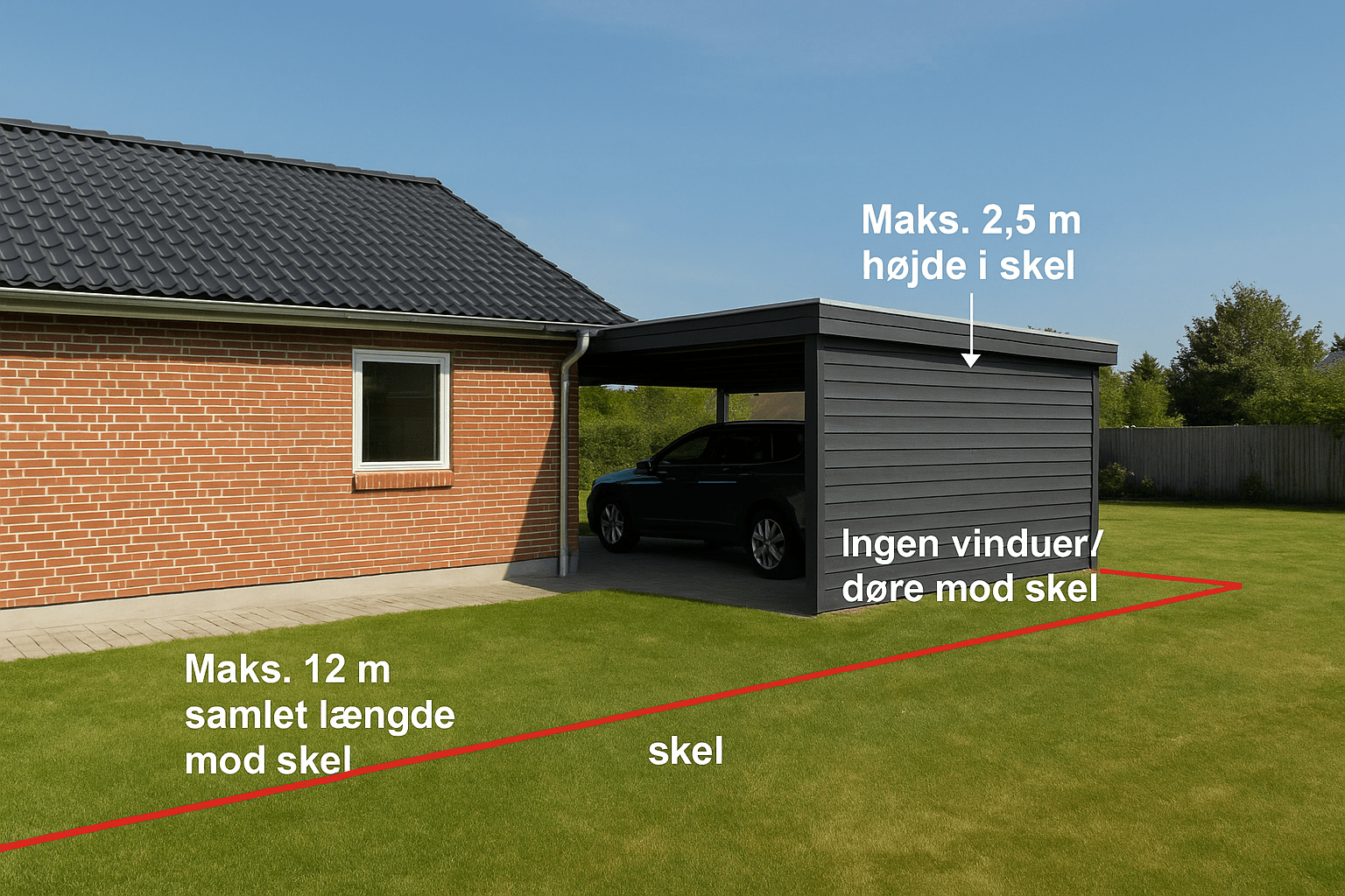 Parcelhus med carport bygget i skel – illustreret med regler om maks. 2,5 m højde, maks. 12 m længde og ingen vinduer/døre mod skel ifølge BR18.