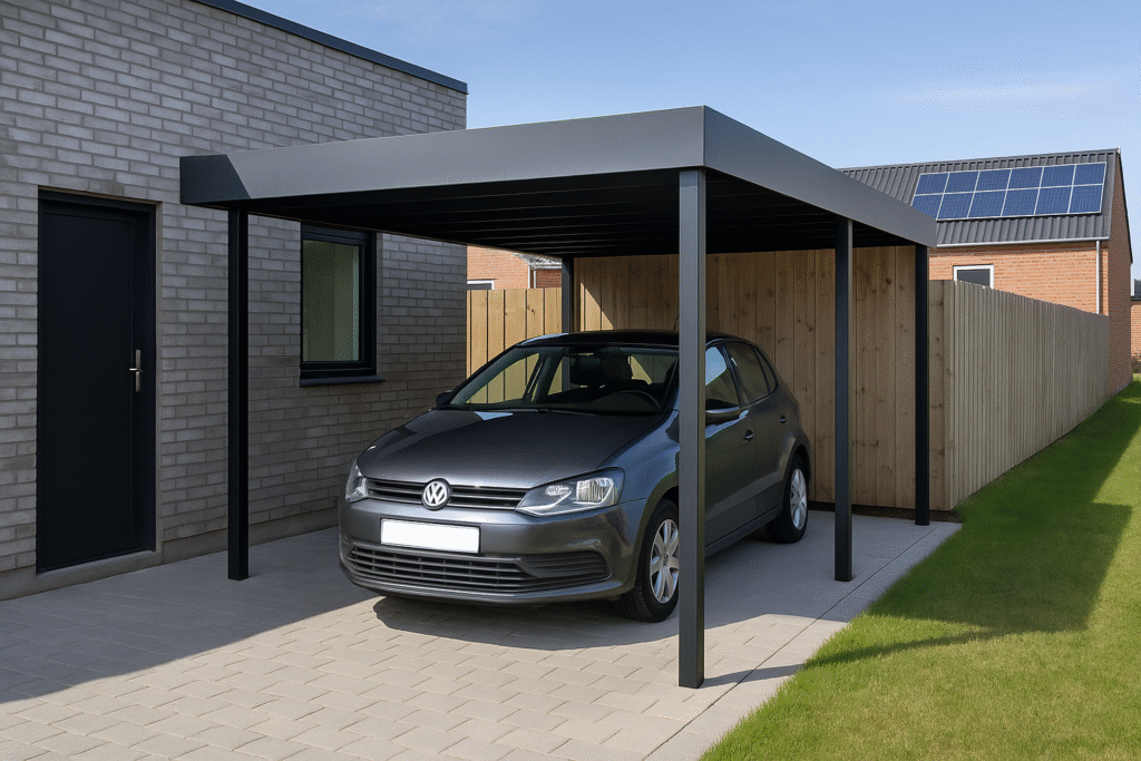 Moderne carport ved villa placeret tæt på skel – kræver byggetilladelse efter BR18 og kommunale regler.