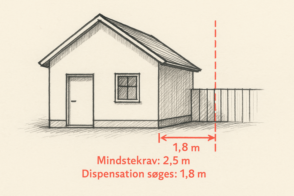 Illustration af byggetilladelse og dispensation: hus placeret 1,8 meter fra skel mod krav om 2,5 meter. Eksempel på dispensationsansøgning i byggesager.